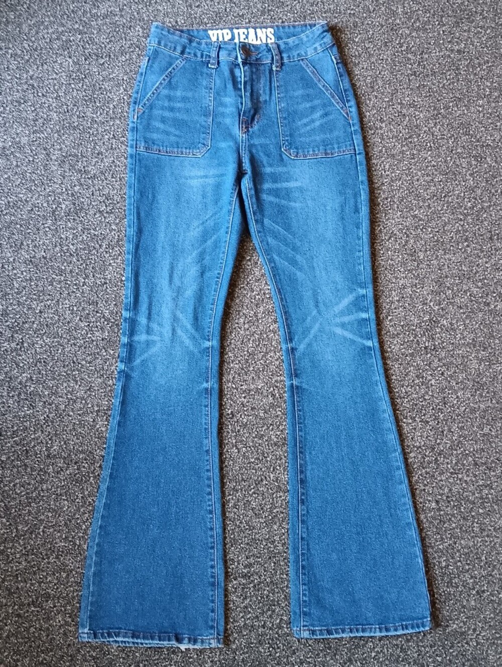 VIP Womens 5/27 Medium Blue Wash High Rise Flare Jeans, Back Button Pockets